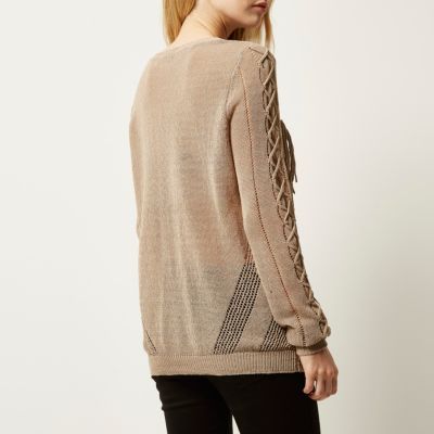 Light brown fringed front knitted jumper